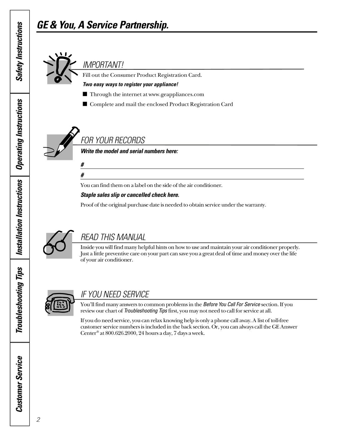 LG Electronics ASC05 owner manual GE & You, a Service Partnership, Two easy ways to register your appliance 