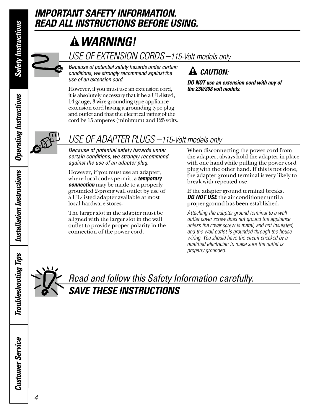 LG Electronics ASC05 USE of Adapter Plugs -115-Volt models only, Read and follow this Safety Information carefully 