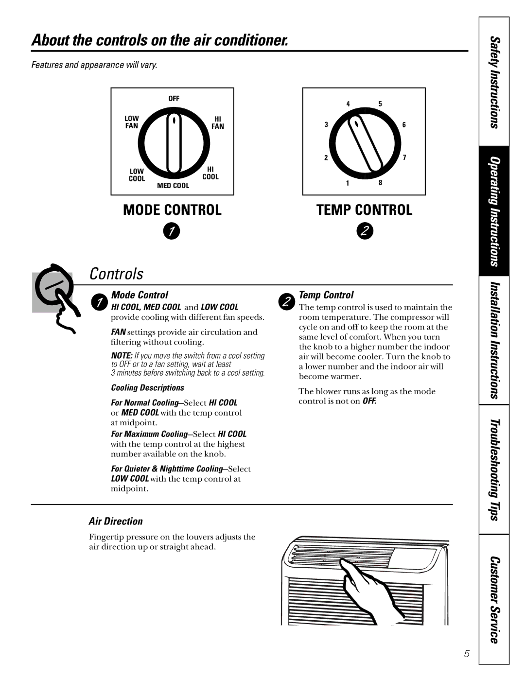 LG Electronics ASC05 About the controls on the air conditioner, Controls, Mode Control, Temp Control, Air Direction 