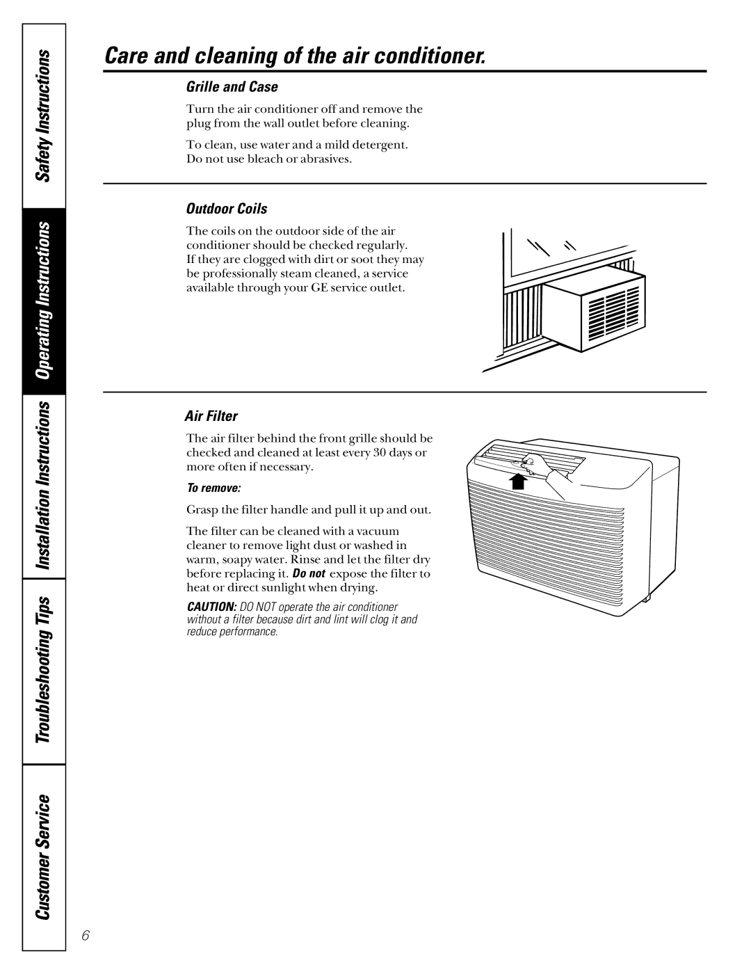 LG Electronics ASC05 Care and cleaning of the air conditioner, Grille and Case, Outdoor Coils, Air Filter, To remove 