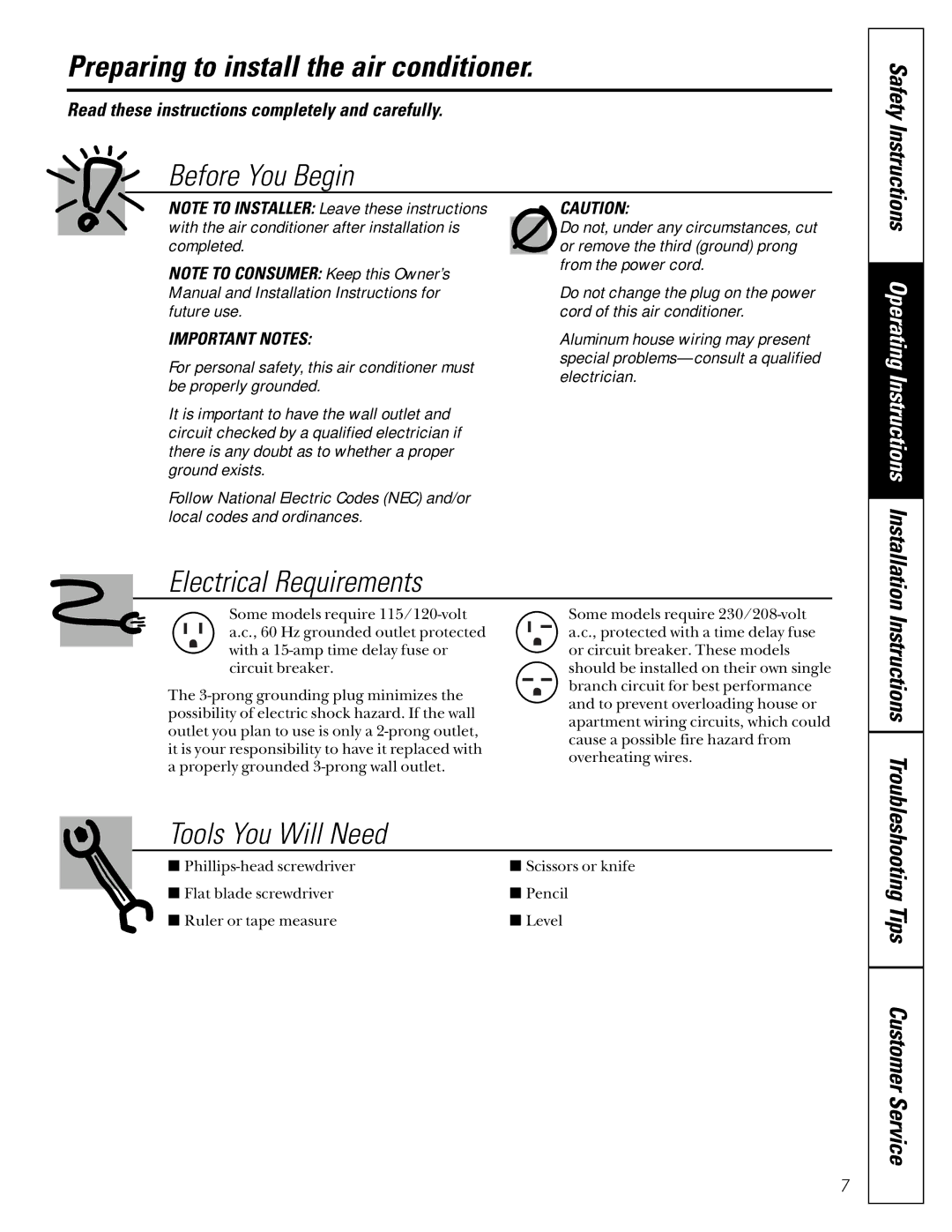 LG Electronics ASC05 owner manual Preparing to install the air conditioner, Before You Begin, Electrical Requirements 