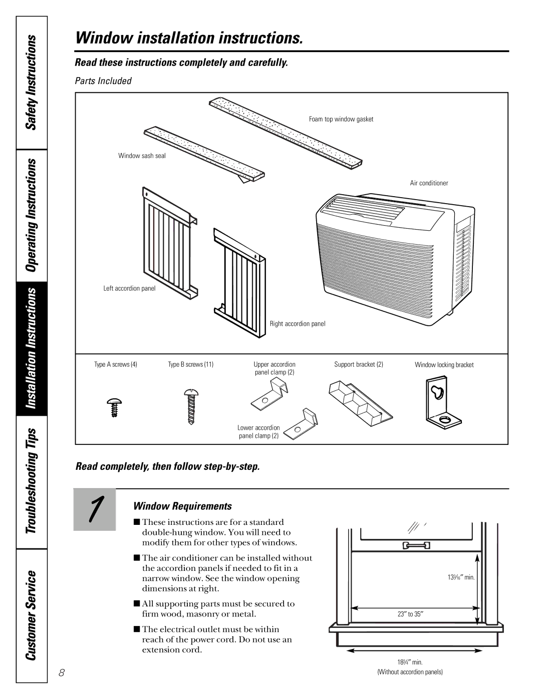 LG Electronics ASC05 Window installation instructions, Read completely, then follow step-by-step, Window Requirements 