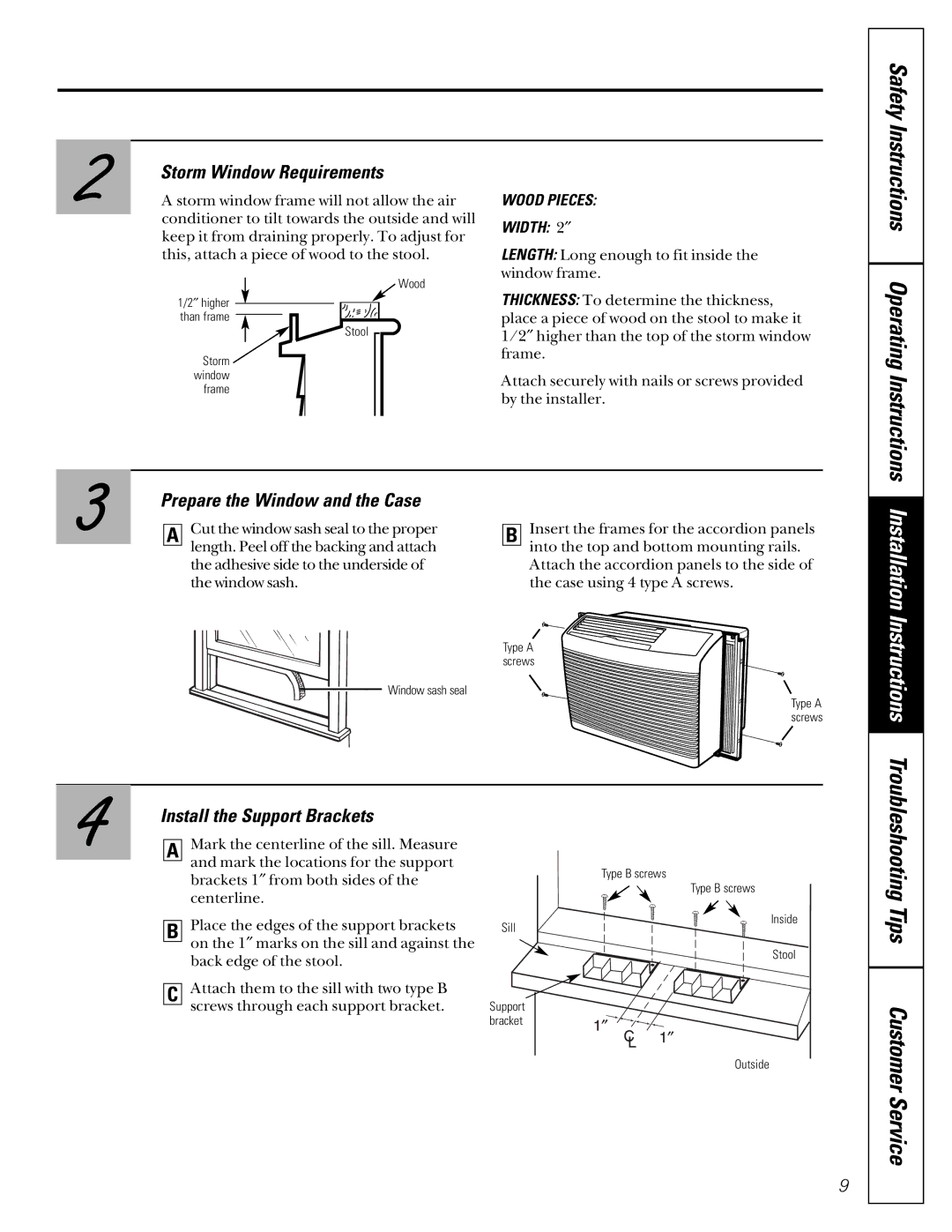 LG Electronics ASC05 owner manual Storm Window Requirements, Prepare the Window and the Case, Install the Support Brackets 