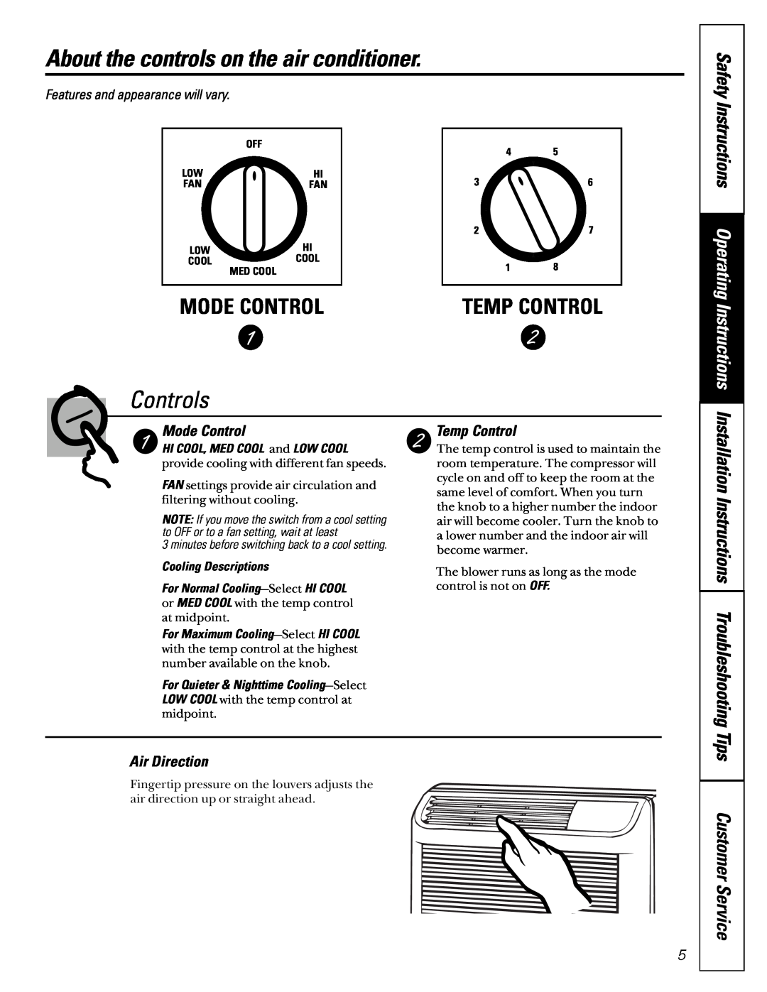 LG Electronics ASC05 About the controls on the air conditioner, Controls, Instructions Operating, Mode Control, Safety 