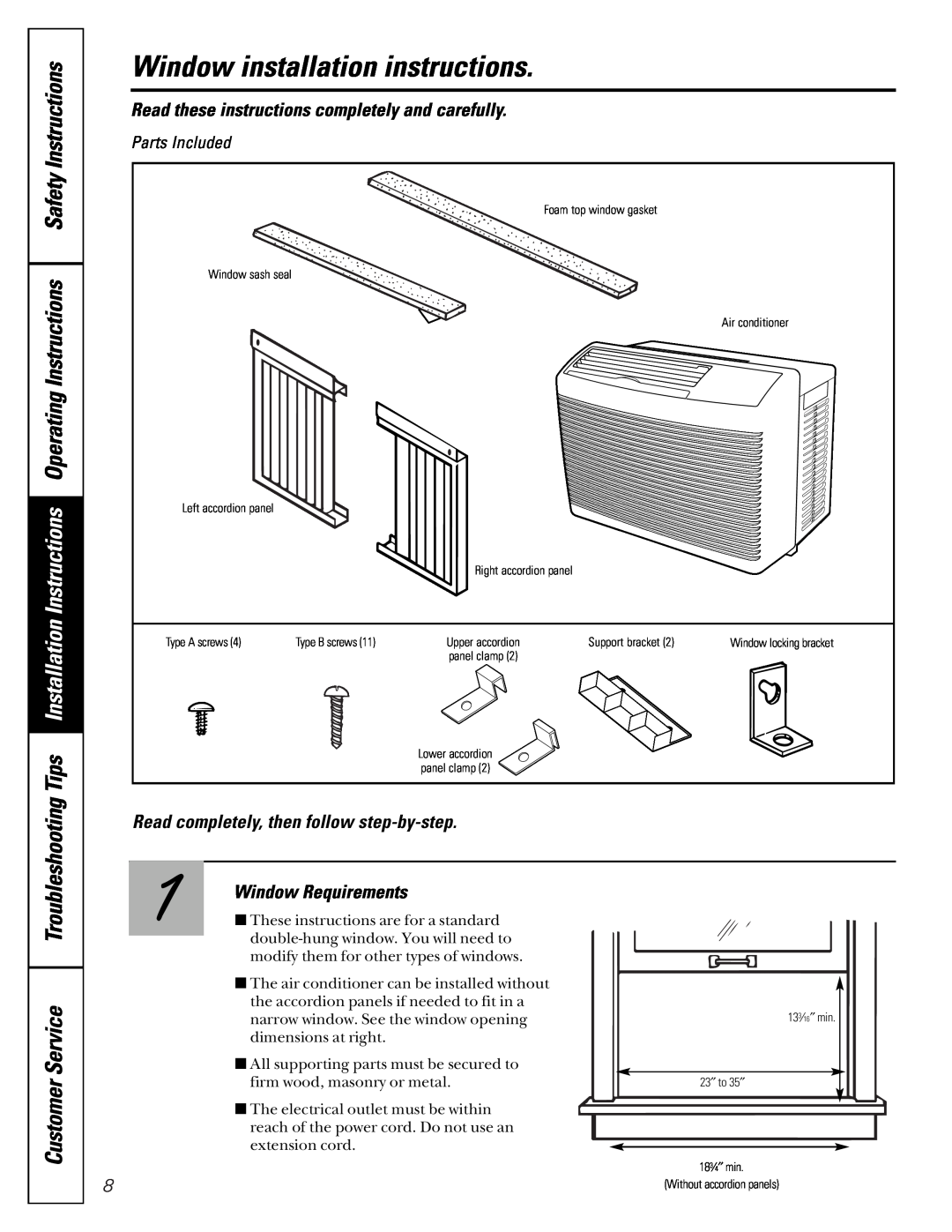 LG Electronics ASC05 Window installation instructions, Read completely, then follow step-by-step, Window Requirements 