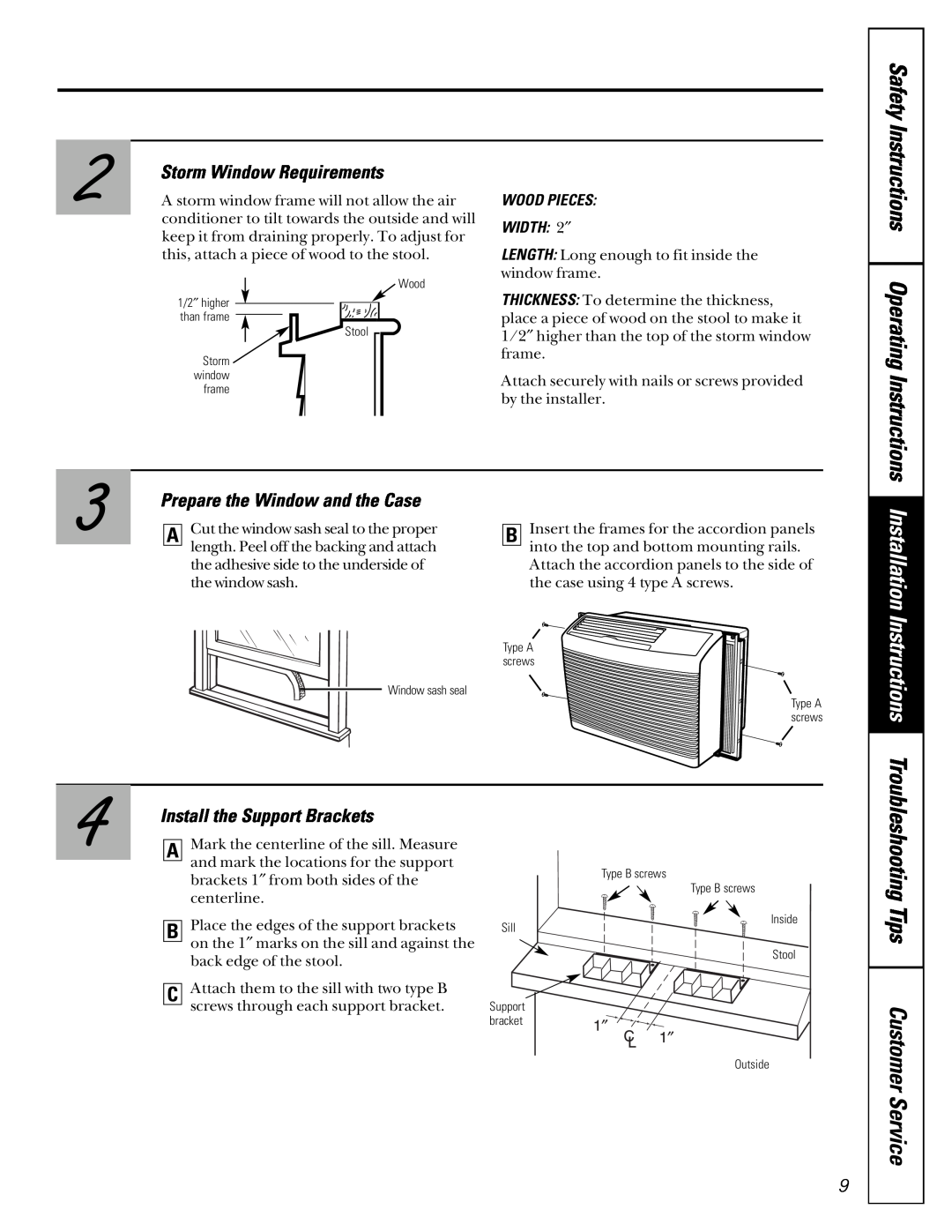 LG Electronics ASC05 Safety Instructions Operating Instructions, Storm Window Requirements, Install the Support Brackets 