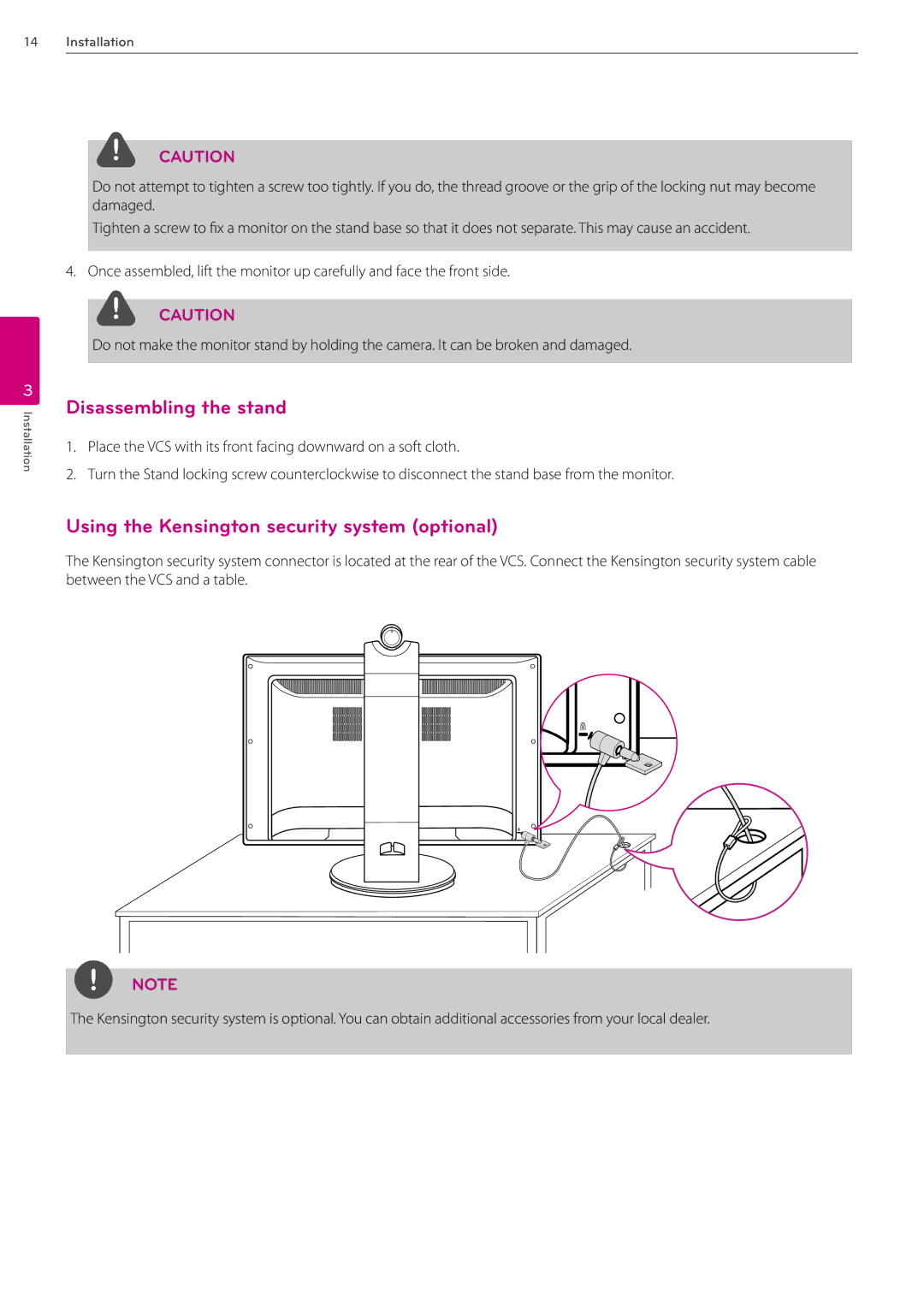 LG Electronics AVS2400 owner manual Disassembling the stand, Using the Kensington security system optional 