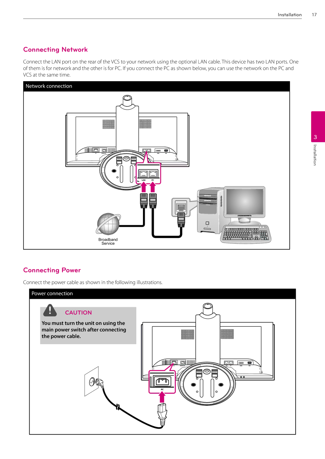 LG Electronics AVS2400 owner manual Connecting Network, Connecting Power 