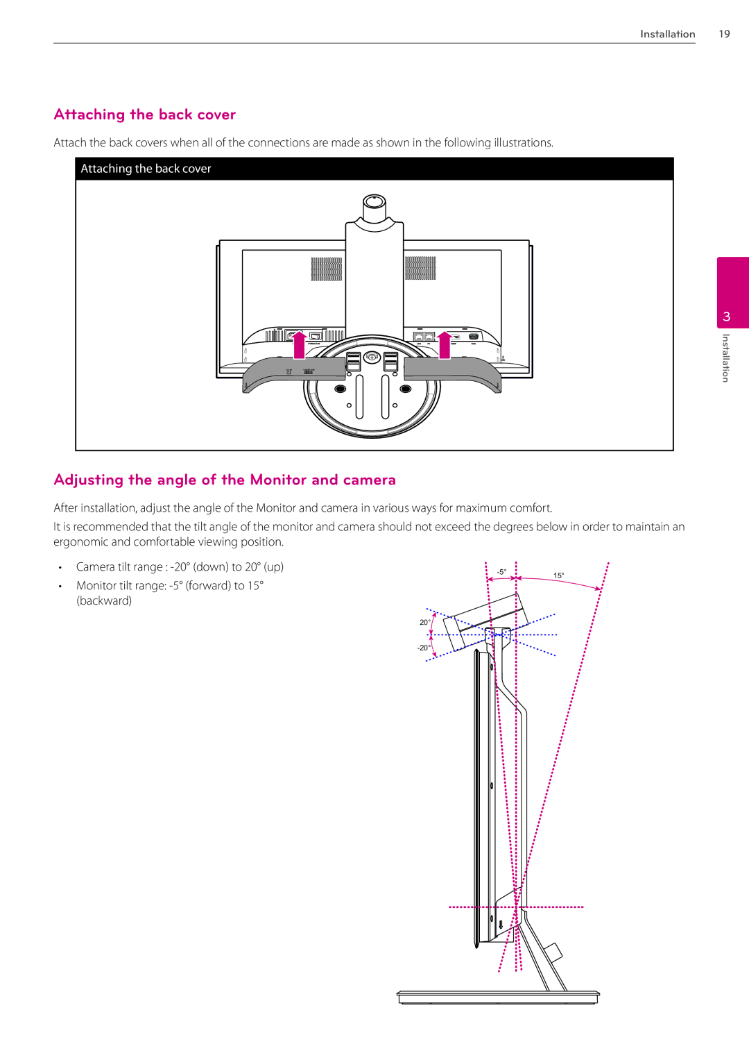 LG Electronics AVS2400 owner manual Attaching the back cover, Adjusting the angle of the Monitor and camera 