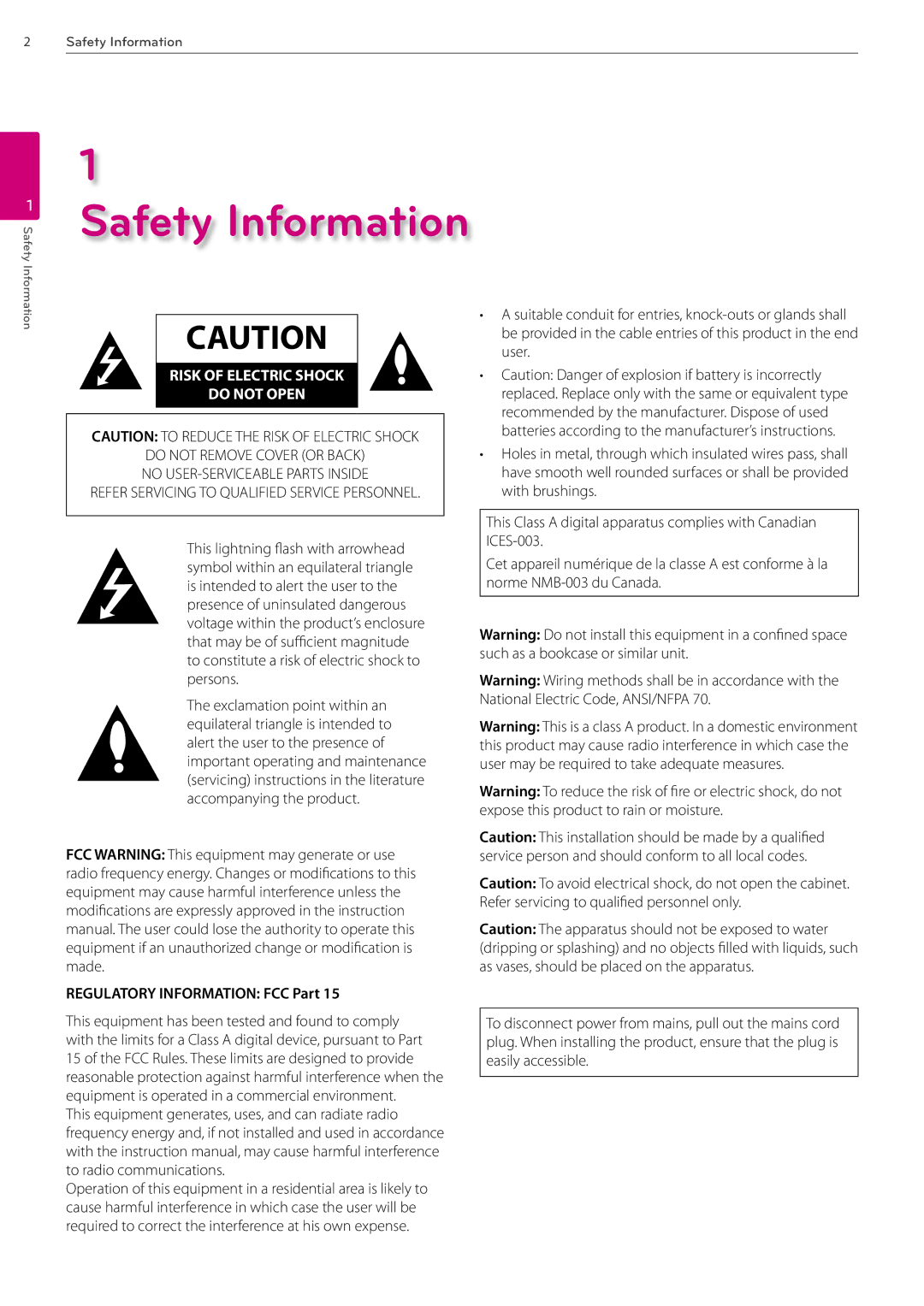 LG Electronics AVS2400 owner manual Safety Information, Regulatory Information FCC Part 