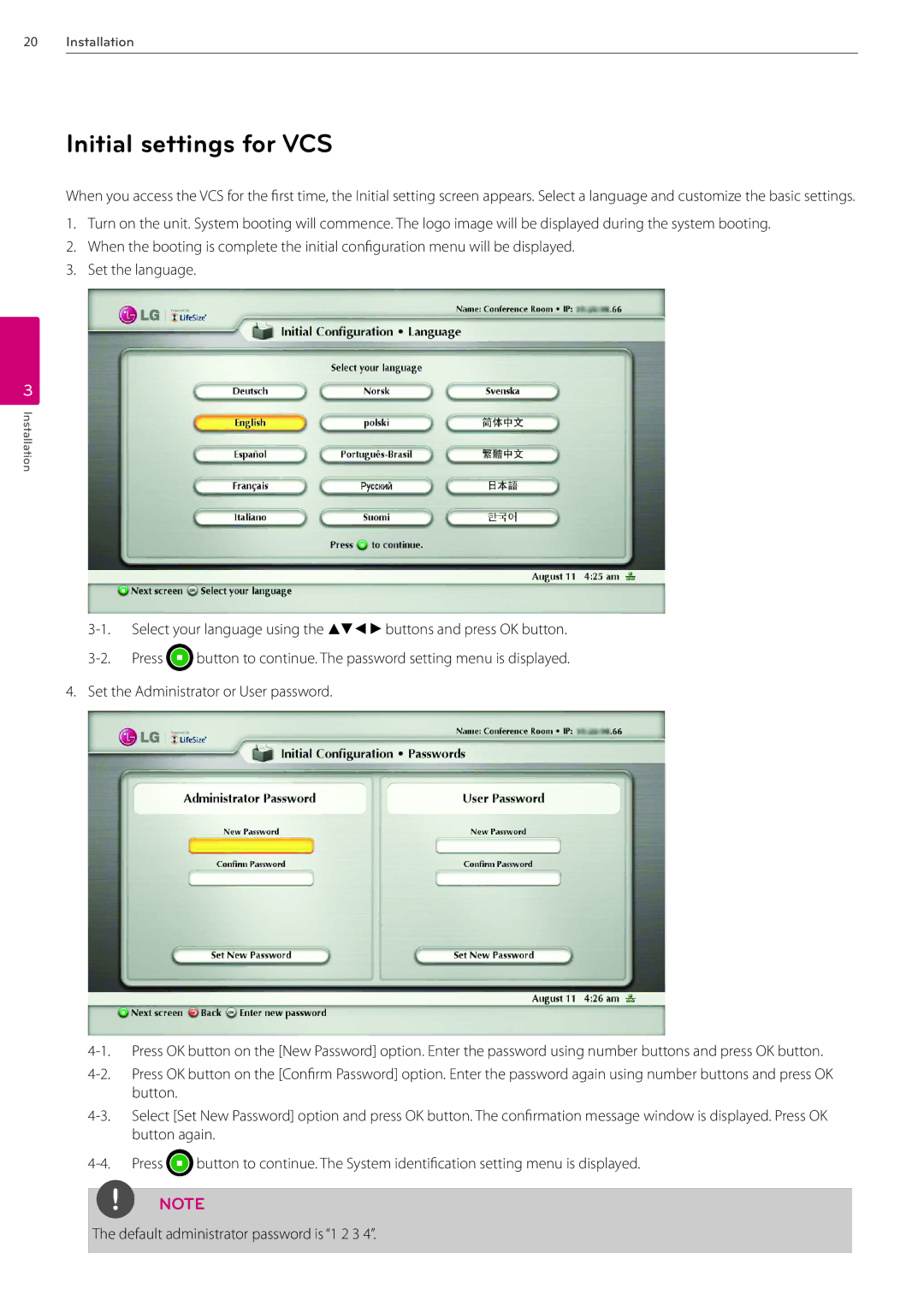 LG Electronics AVS2400 owner manual Initial settings for VCS, Default administrator password is 1 2 3 