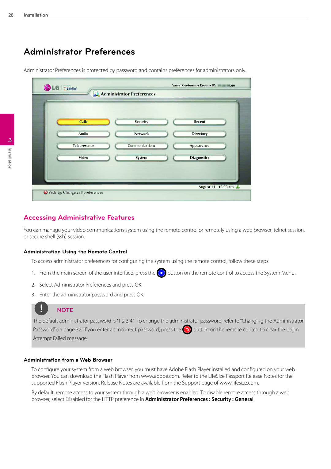 LG Electronics AVS2400 Administrator Preferences, Accessing Administrative Features, Administration from a Web Browser 