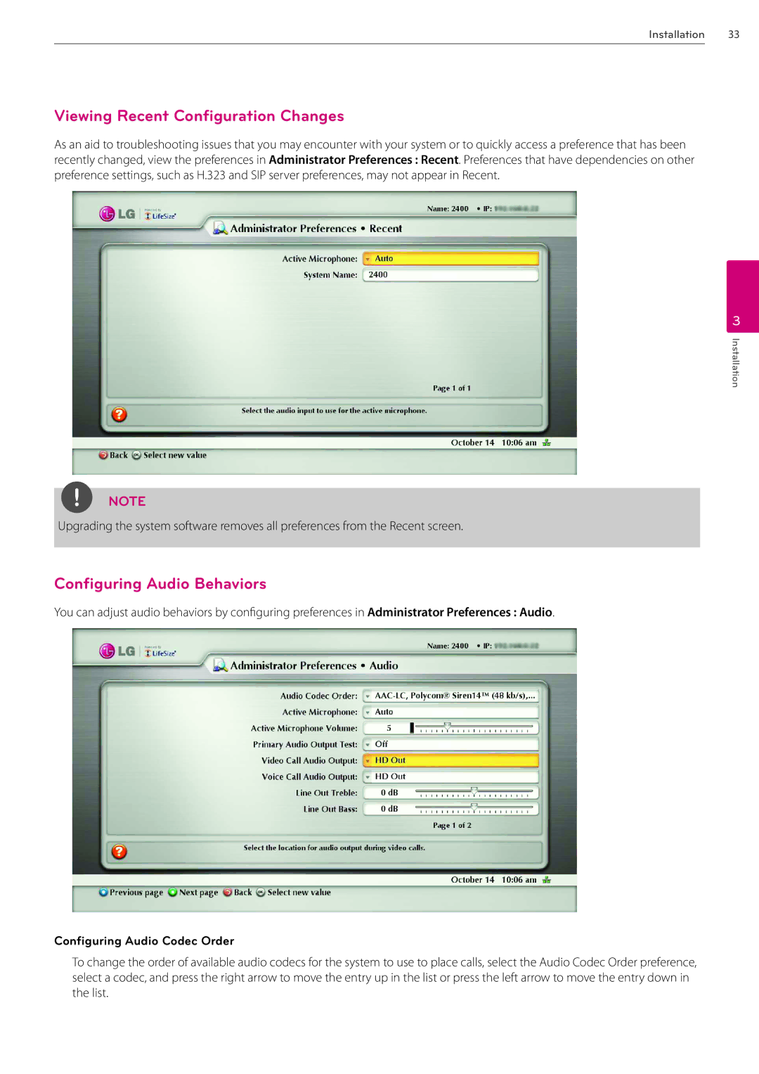 LG Electronics AVS2400 Viewing Recent Configuration Changes, Configuring Audio Behaviors, Configuring Audio Codec Order 