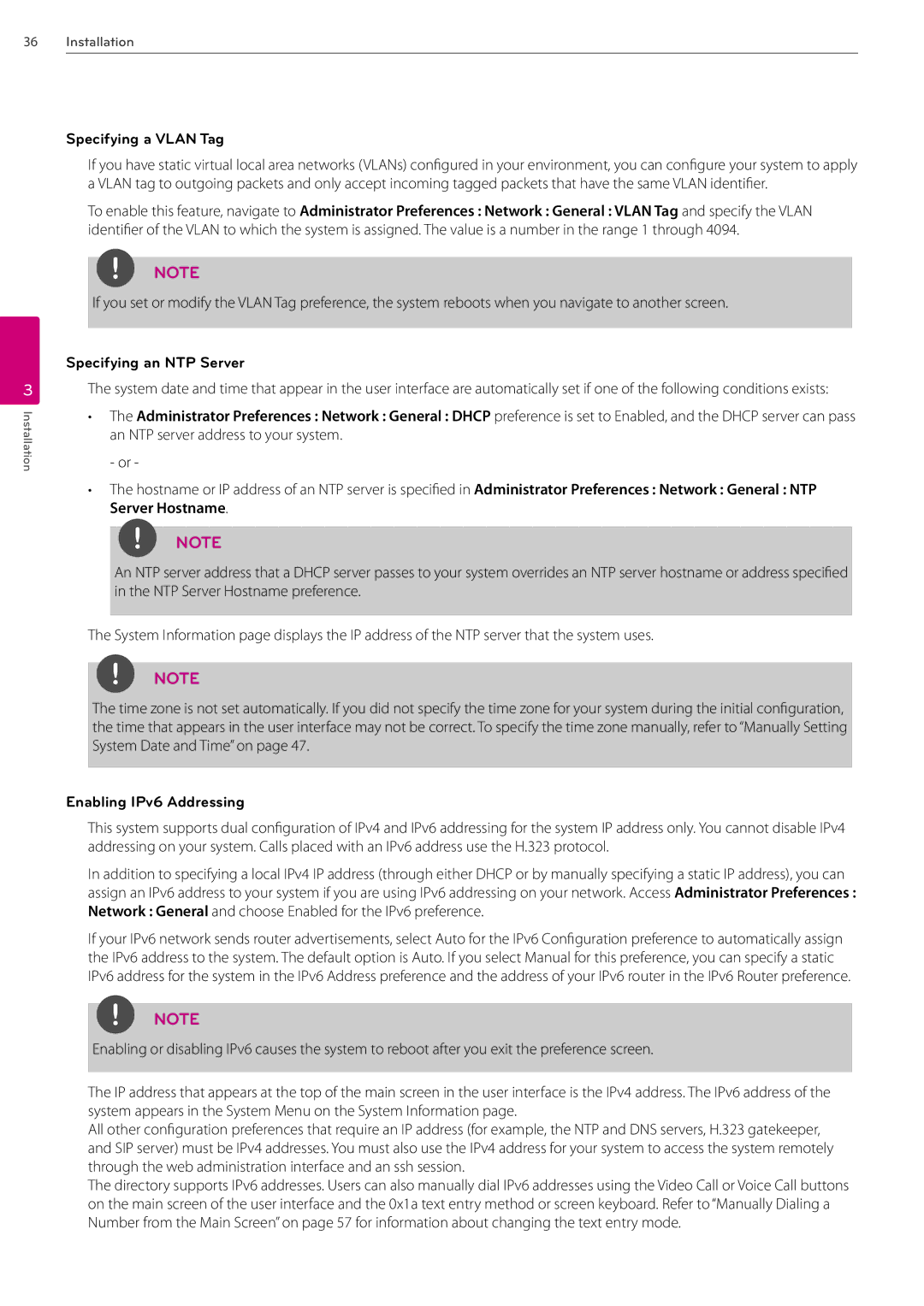 LG Electronics AVS2400 owner manual Specifying a Vlan Tag, Specifying an NTP Server, Enabling IPv6 Addressing 