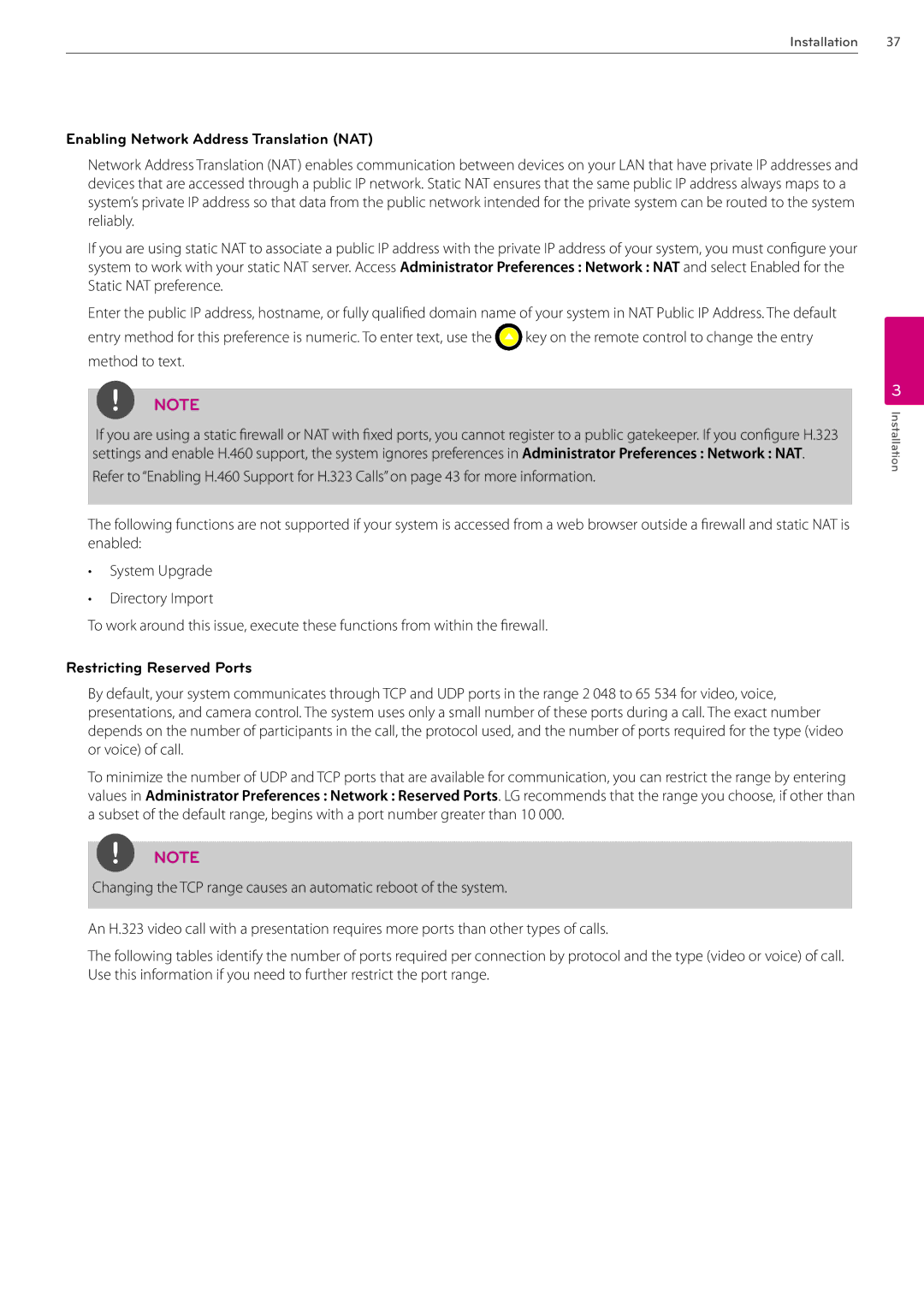 LG Electronics AVS2400 owner manual Enabling Network Address Translation NAT, Restricting Reserved Ports 