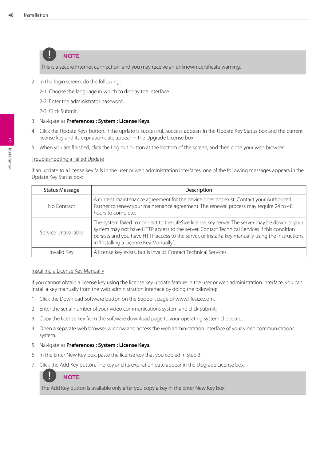 LG Electronics AVS2400 Navigate to Preferences System License Keys, Hours to complete, Installing a License Key Manually 