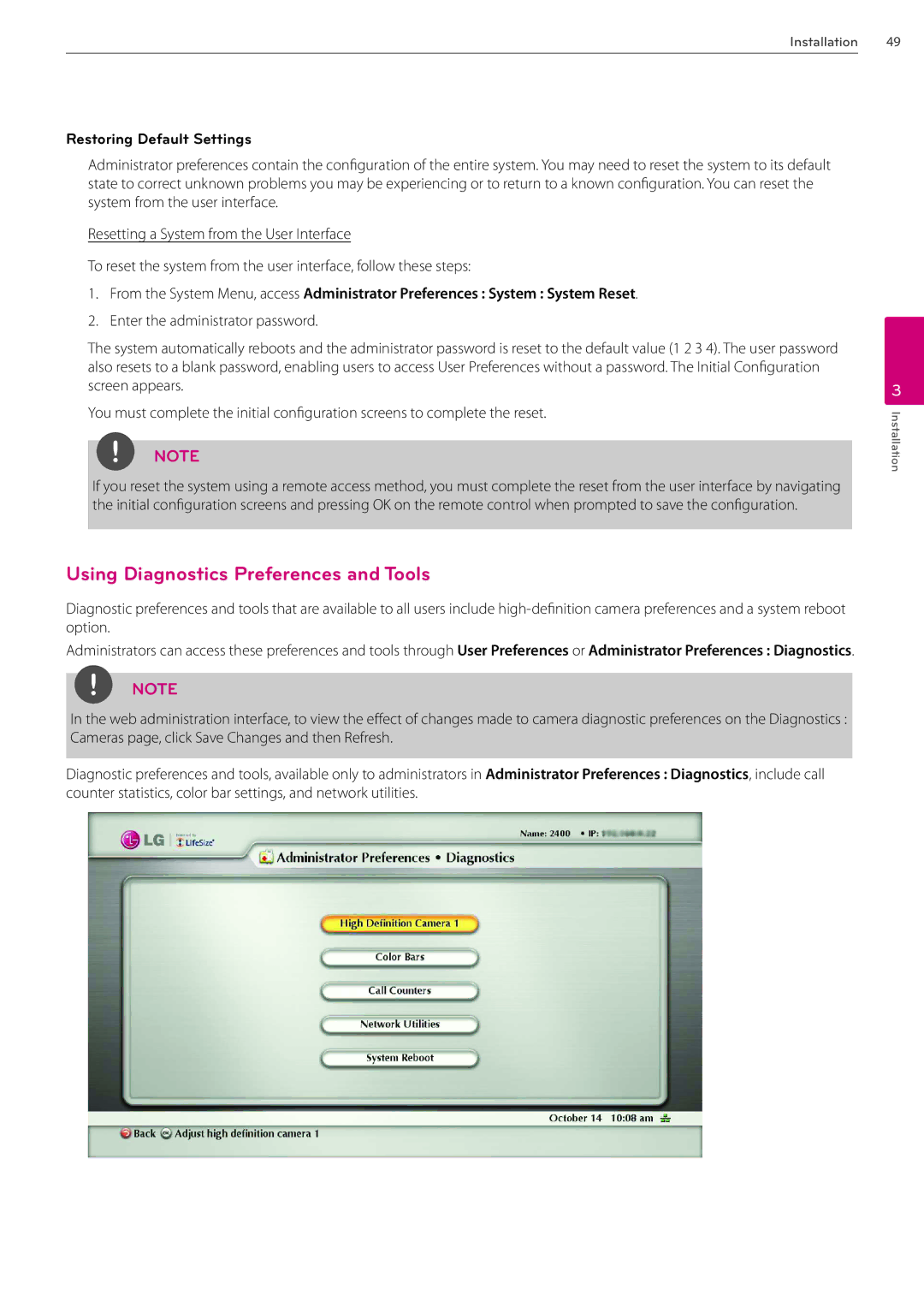 LG Electronics AVS2400 owner manual Using Diagnostics Preferences and Tools, Restoring Default Settings 