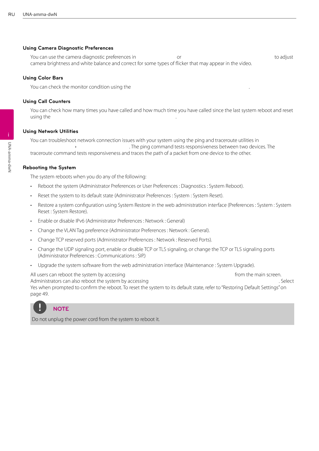 LG Electronics AVS2400 owner manual Using Camera Diagnostic Preferences, Using Network Utilities, Rebooting the System 