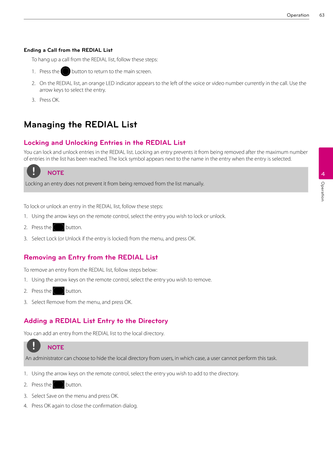 LG Electronics AVS2400 owner manual Managing the Redial List, Locking and Unlocking Entries in the Redial List 