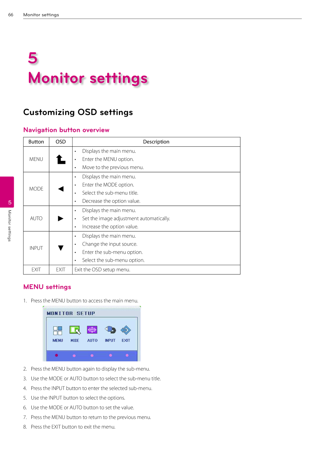 LG Electronics AVS2400 owner manual Customizing OSD settings, Navigation button overview, Menu settings 