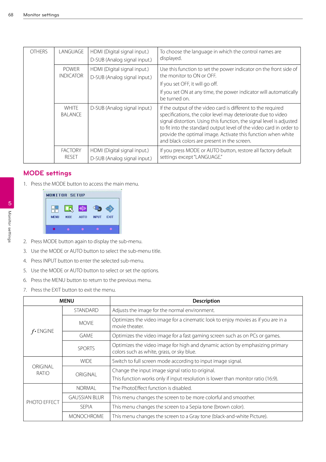 LG Electronics AVS2400 owner manual Mode settings 