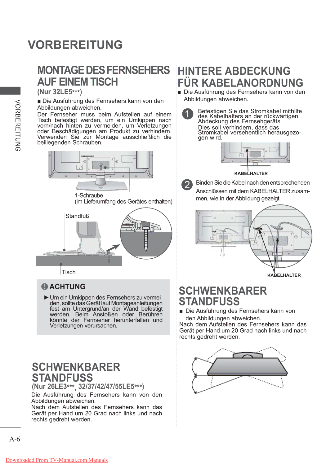 LG Electronics AW-50PG60MS, AW-60PG60MS manual Schwenkbarer Standfuss, Montagedesfernsehers AUF Einem Tisch 