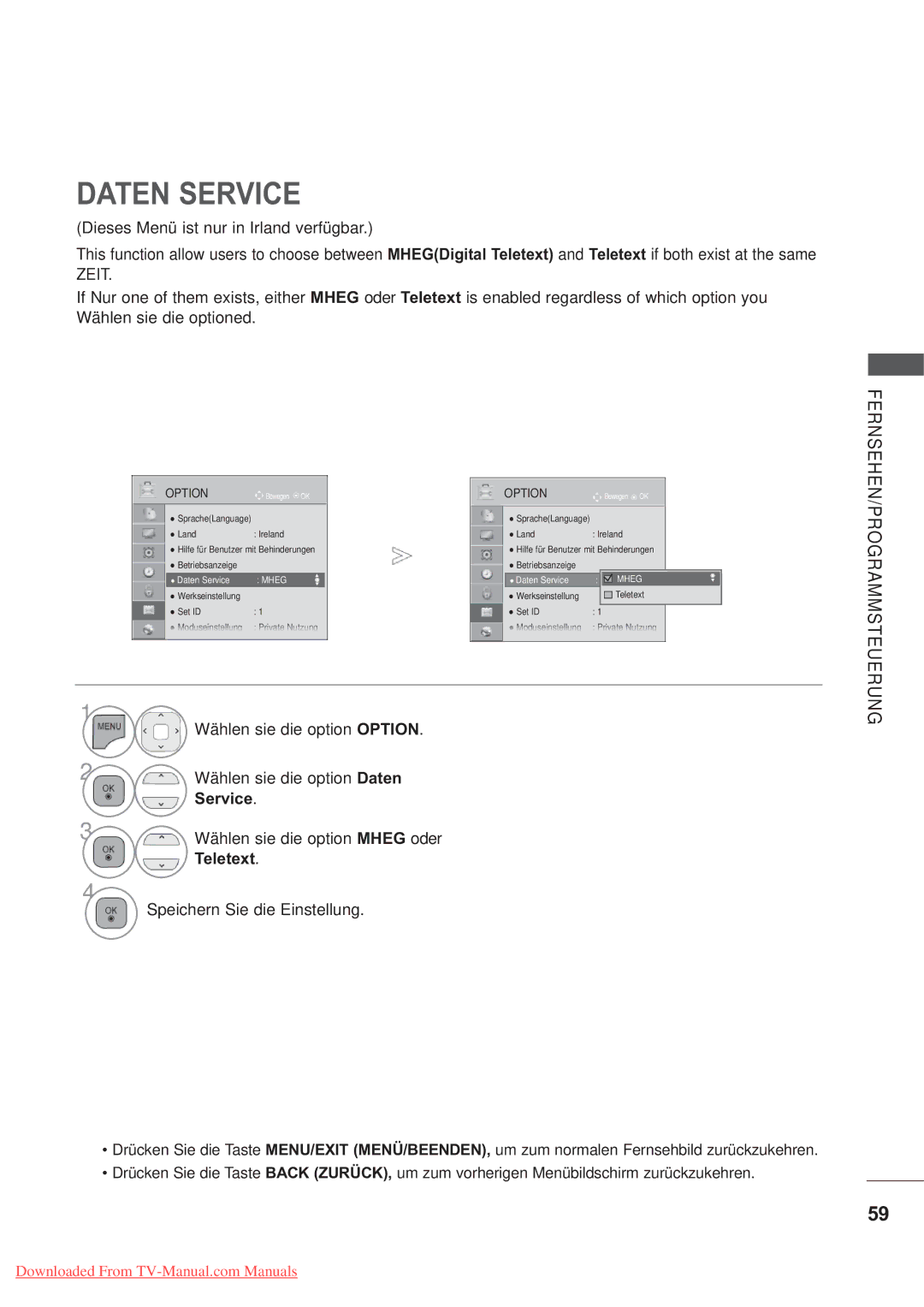 LG Electronics AW-50PG60M, AW-60PG60M Daten Service, Wählen sie die option Option, Wählen sie die option Daten, Teletext 