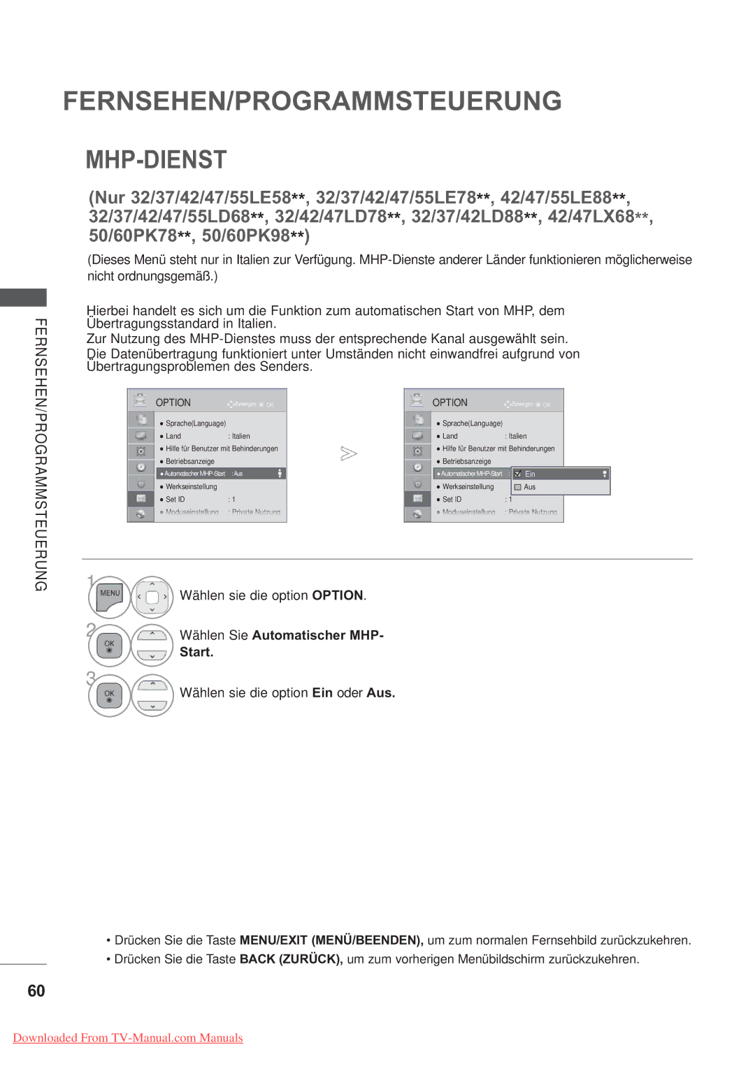 LG Electronics AW-50PG60MS, AW-60PG60MS manual Mhp-Dienst, Start, Wählen sie die option Ein oder Aus 