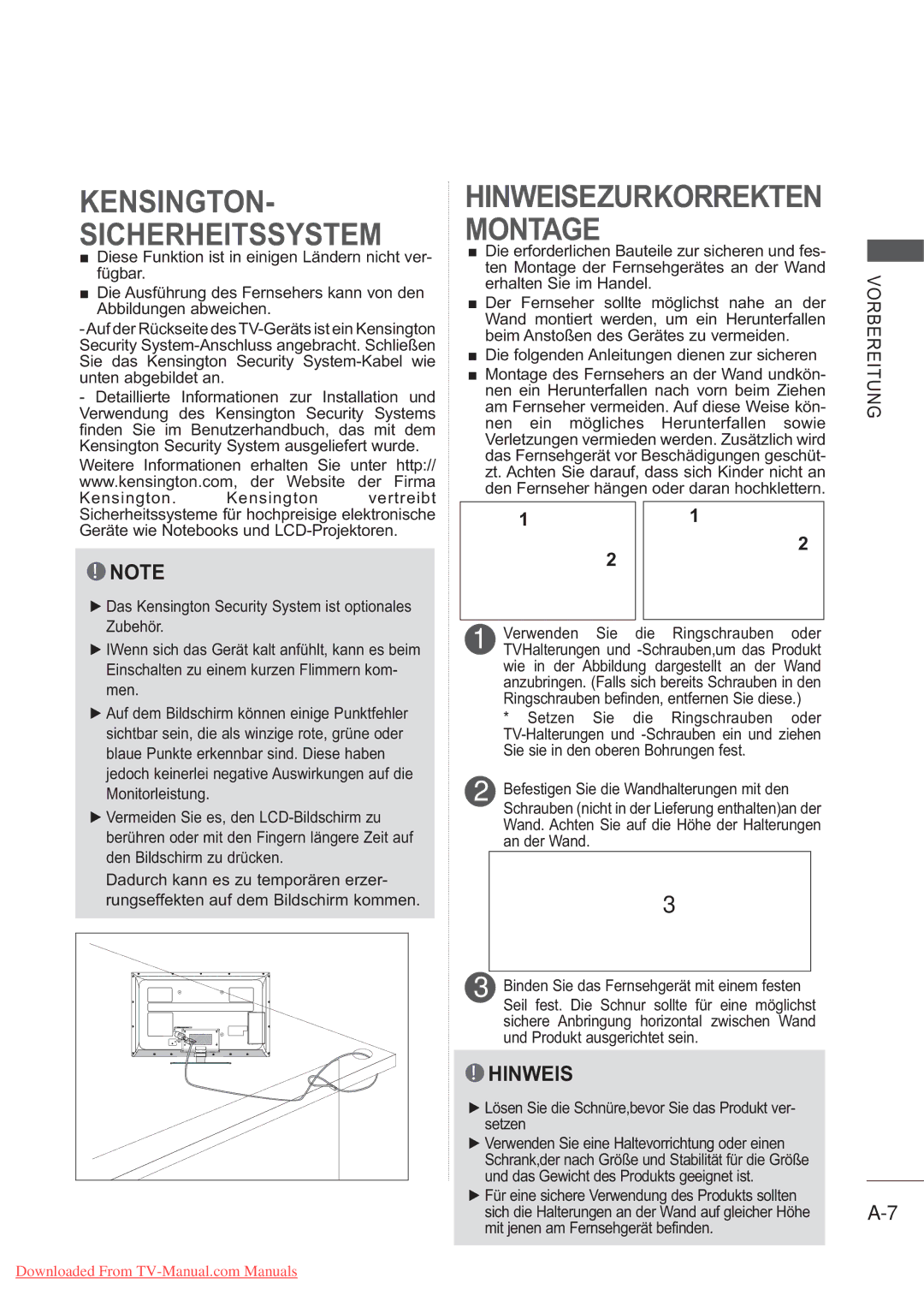 LG Electronics AW-60PG60MS manual KENSINGTON- Sicherheitssystem, Lösen Sie die Schnüre,bevor Sie das Produkt ver- setzen 