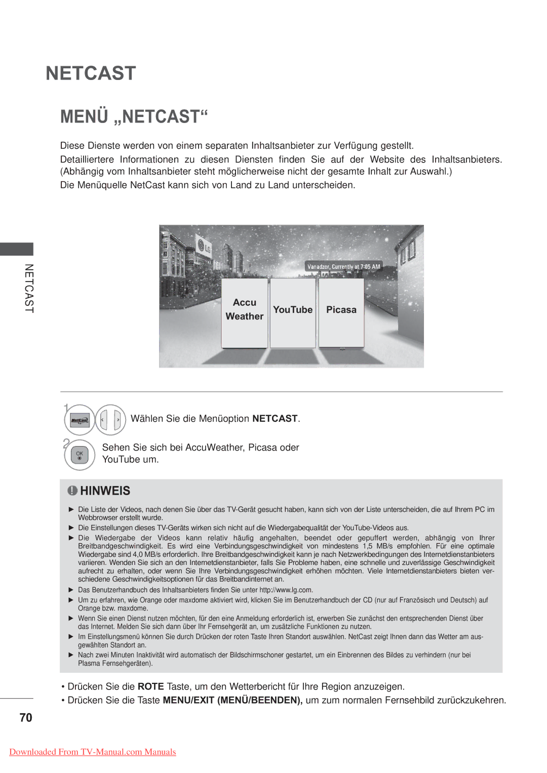 LG Electronics AW-50PG60MS, AW-60PG60MS manual Menü „NETCAST, Accu Weather YouTube Picasa 