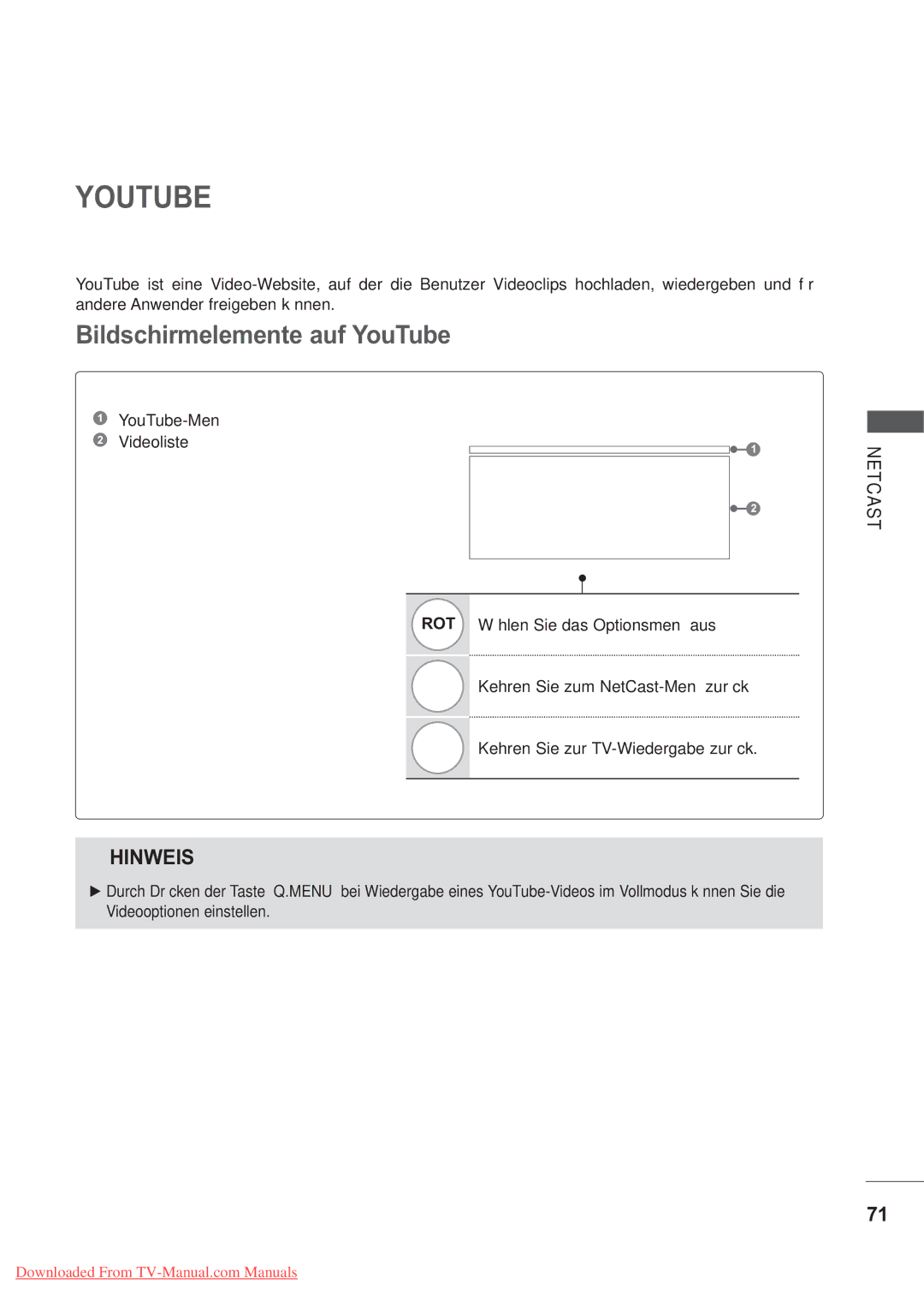 LG Electronics AW-50PG60MS, AW-60PG60MS manual Youtube, YouTube-Menü, Videoliste 