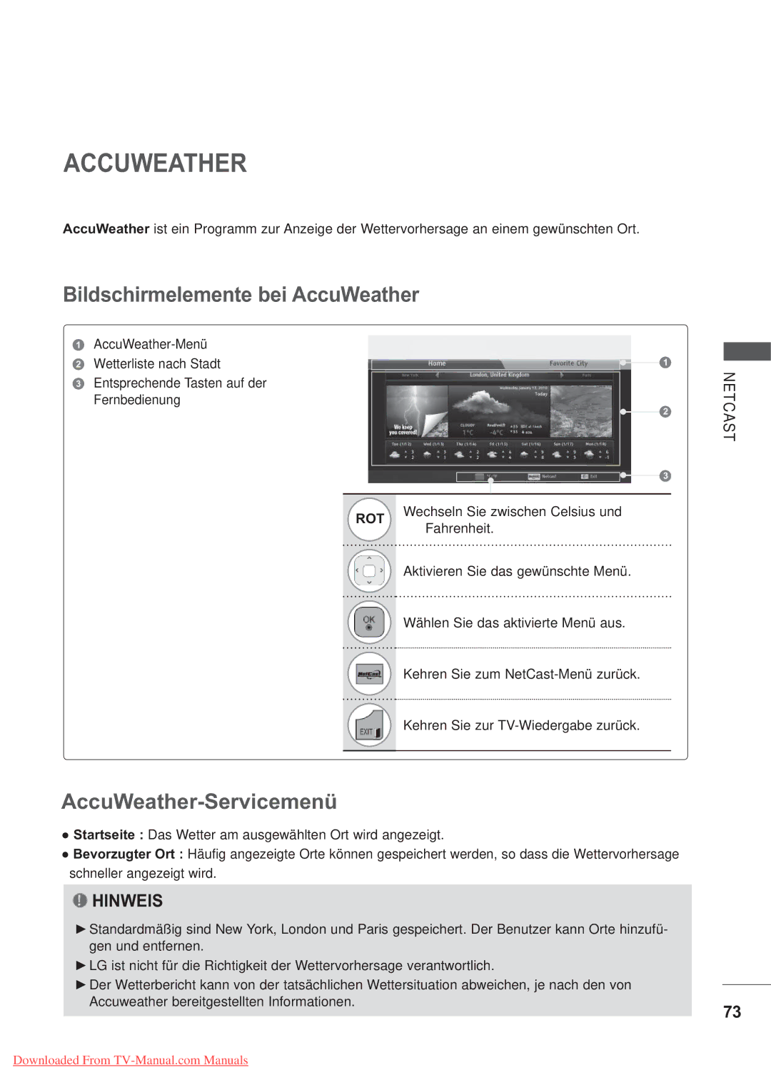 LG Electronics AW-60PG60MS, AW-50PG60MS manual Accuweather, Wetterliste nach Stadt 