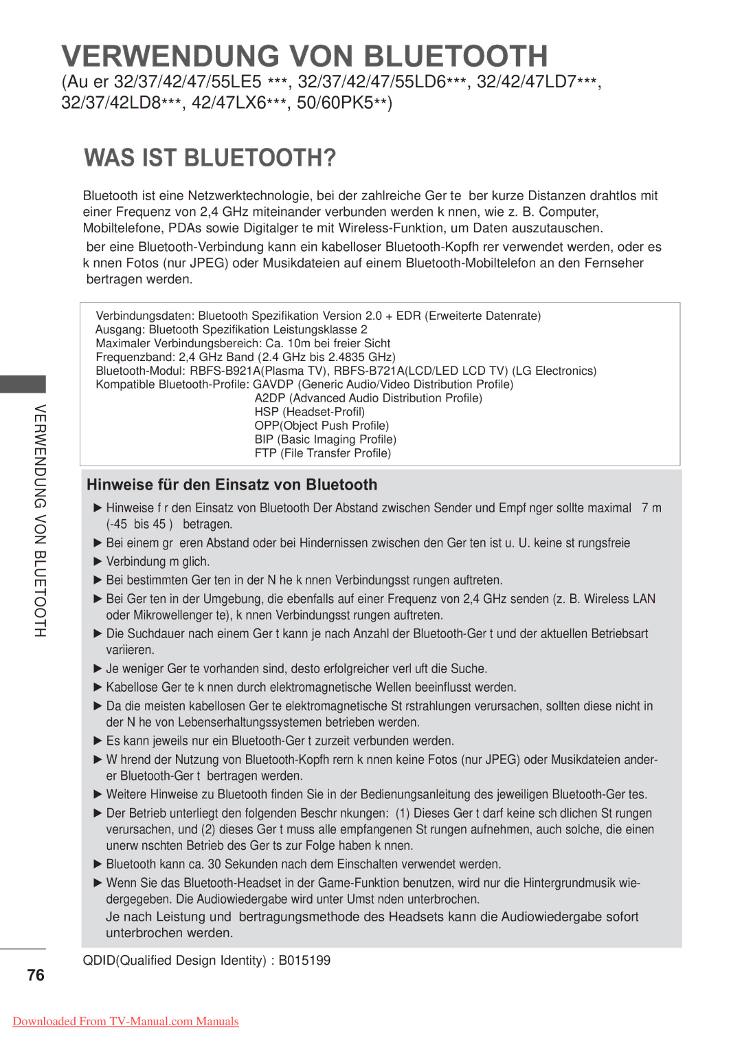 LG Electronics AW-50PG60MS manual Verwendung VON Bluetooth, Was Ist Bluetooth?, Hinweise für den Einsatz von Bluetooth 