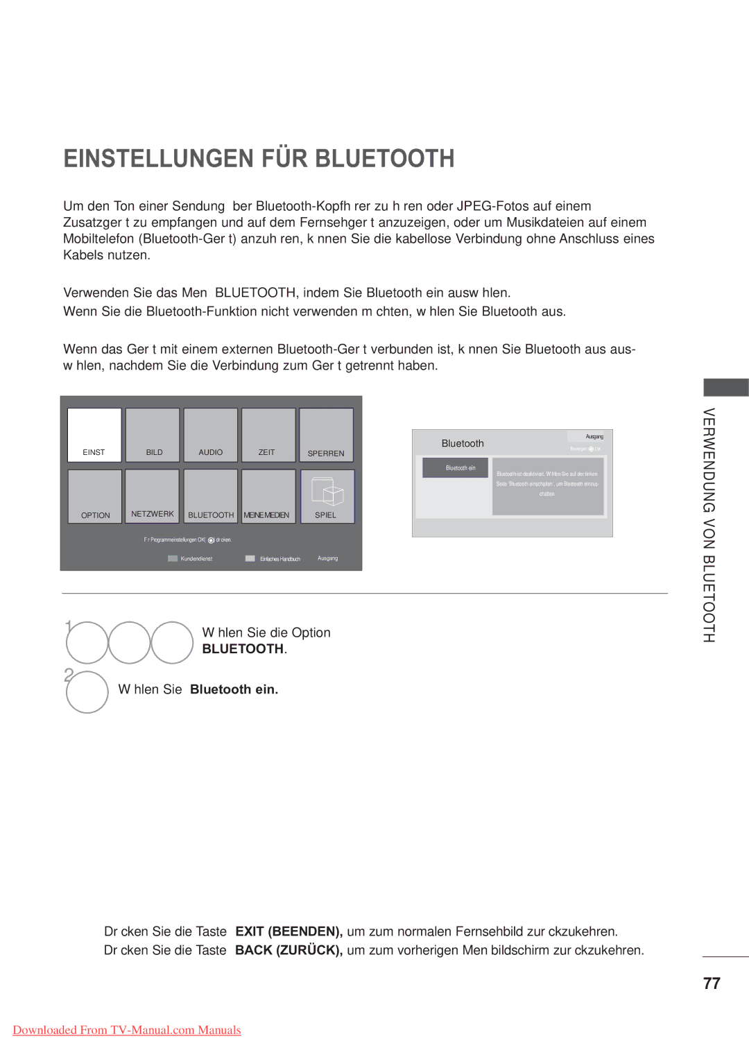 LG Electronics AW-60PG60MS, AW-50PG60M manual Einstellungen FÜR Bluetooth, 1Wählen Sie die Option, Wählen Sie Bluetooth ein 