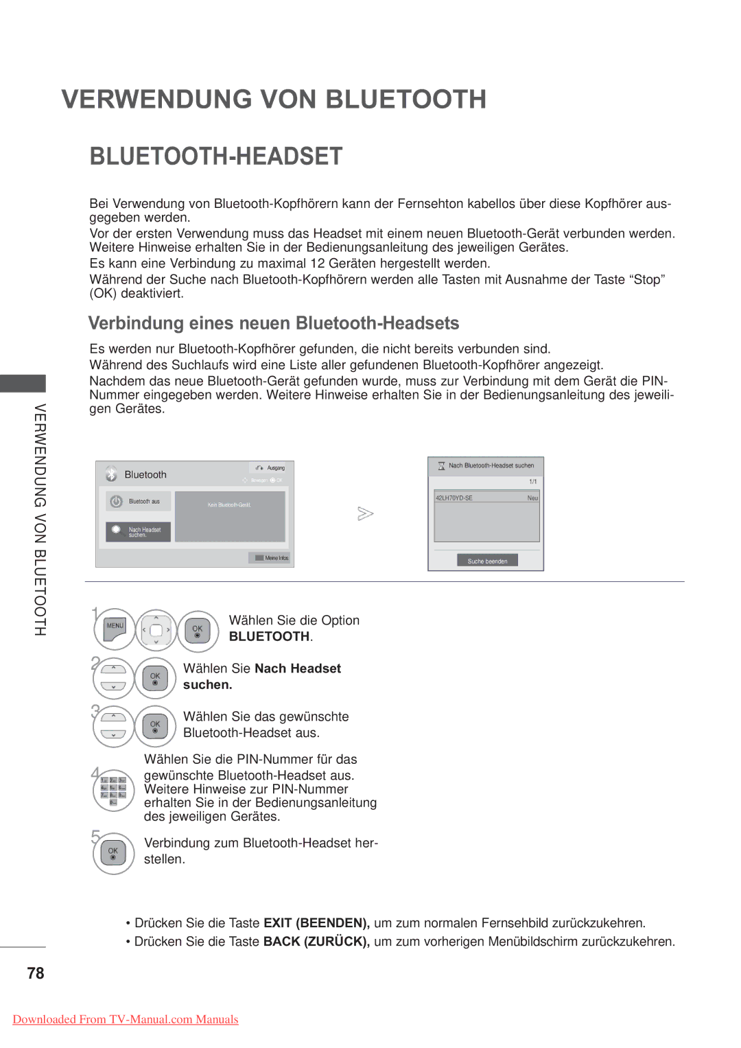 LG Electronics AW-60PG60M, AW-50PG60M manual Verbindung eines neuen Bluetooth-Headsets, Wählen Sie Nach Headset, Suchen 