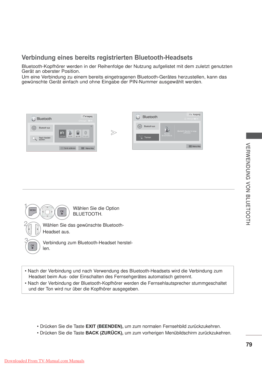 LG Electronics AW-50PG60M, AW-60PG60M manual Verbindung eines bereits registrierten Bluetooth-Headsets, Verwendung VON 