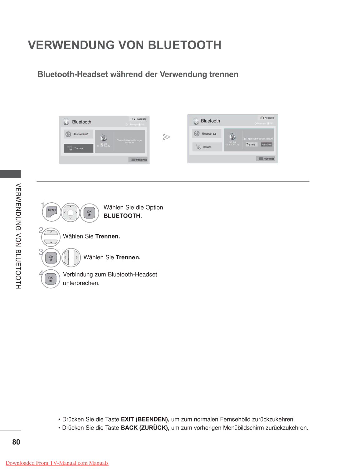 LG Electronics AW-50PG60MS, AW-60PG60M manual Bluetooth-Headset während der Verwendung trennen, Verwendung VON Bluetooth 