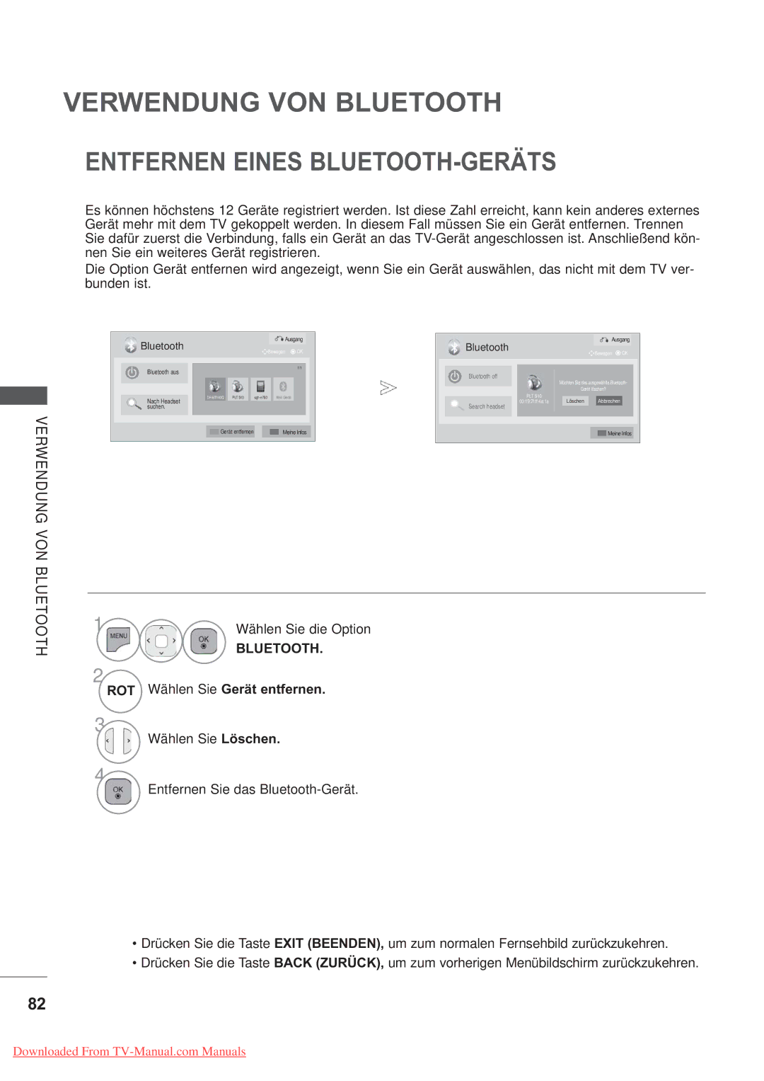 LG Electronics AW-50PG60MS, AW-60PG60MS manual Entfernen Eines BLUETOOTH-GERÄTS, ROT Wählen Sie Gerät entfernen 