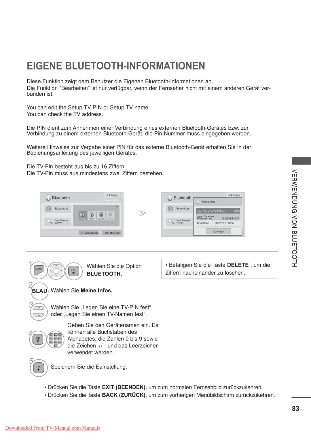 LG Electronics AW-50PG60M Eigene BLUETOOTH-INFORMATIONEN, Wählen Sie Meine Infos, Oder „Legen Sie einen TV-Namen fest 