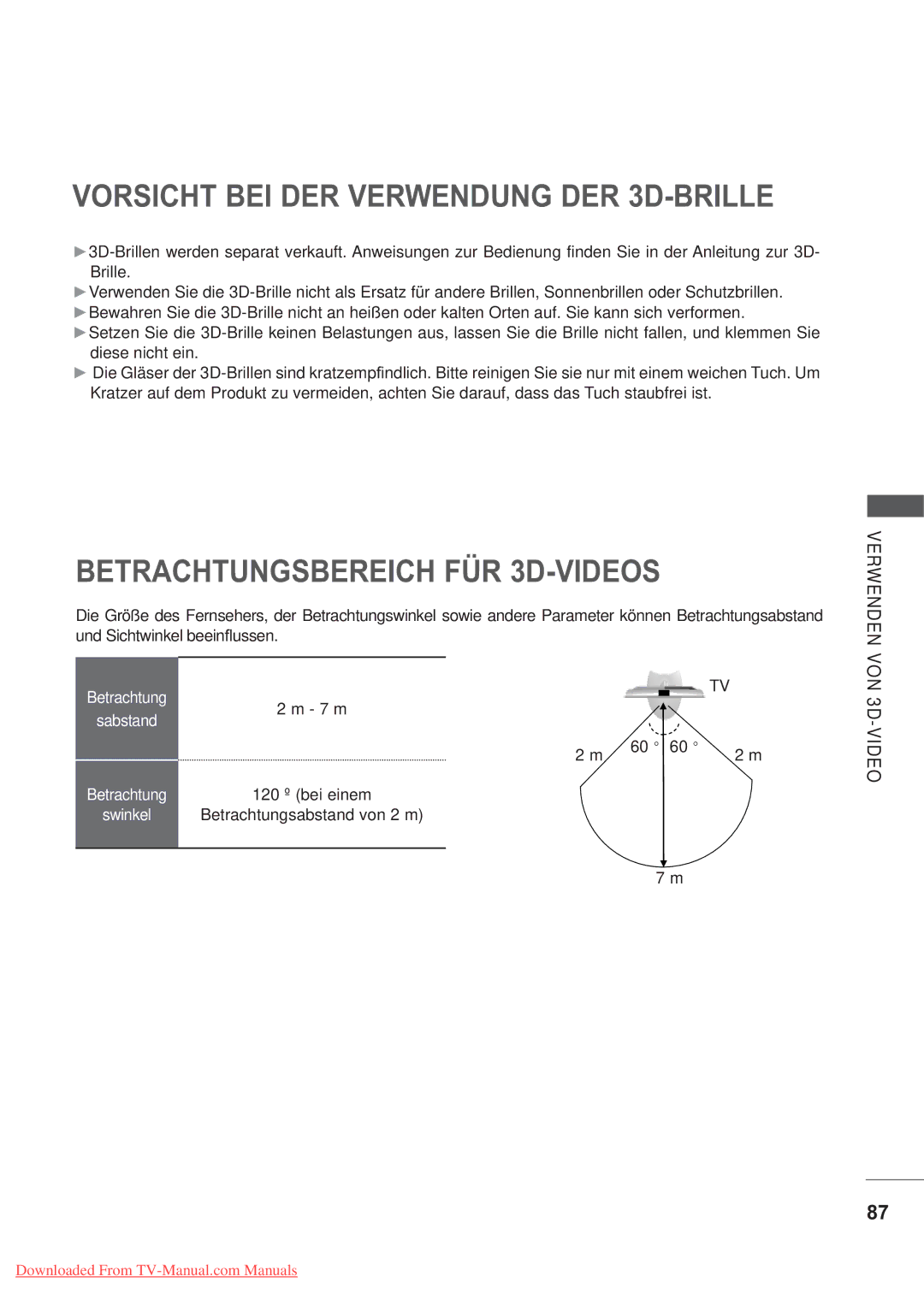 LG Electronics AW-50PG60MS, AW-60PG60MS manual Betrachtungsbereich FÜR 3D-VIDEOS, 7 m 