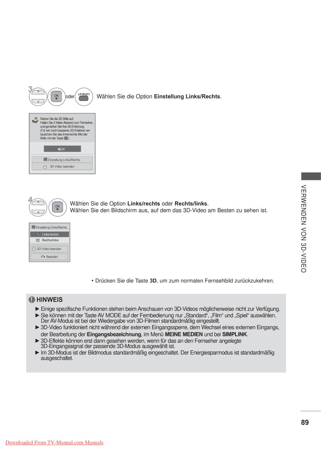 LG Electronics AW-60PG60MS, AW-50PG60MS manual Wählen Sie die Option Links/rechts oder Rechts/links 