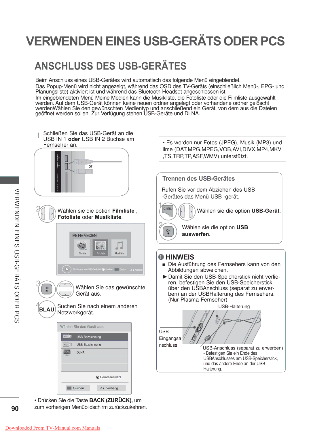 LG Electronics AW-60PG60M manual Verwenden Eines USB-GERÄTS Oder PCS, Anschluss DES USB-GERÄTES, Fotoliste oder Musikliste 