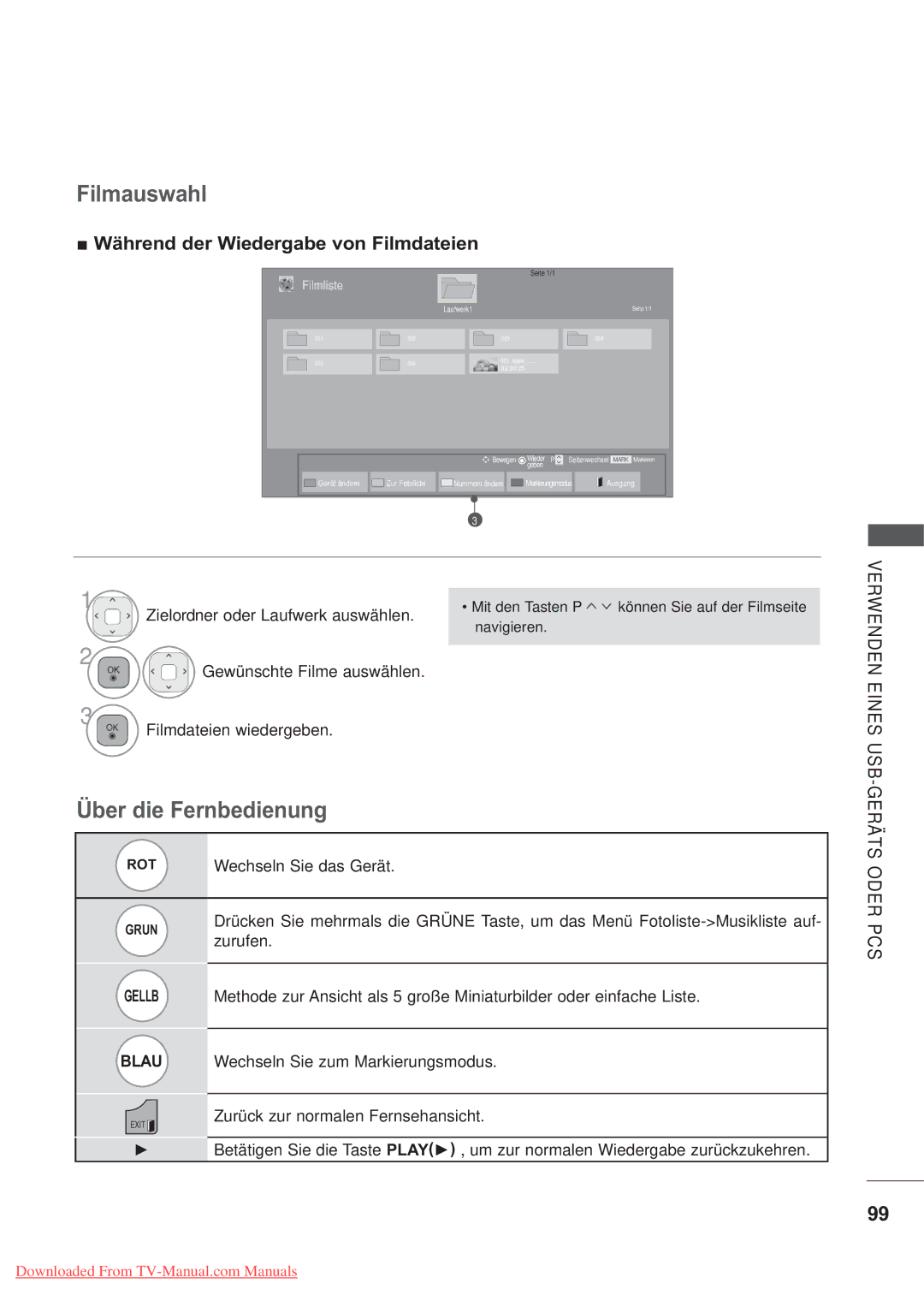 LG Electronics AW-50PG60M manual Filmauswahl, Während der Wiedergabe von Filmdateien, Verwenden Eines USB-GERÄTS Oder, Pcs 