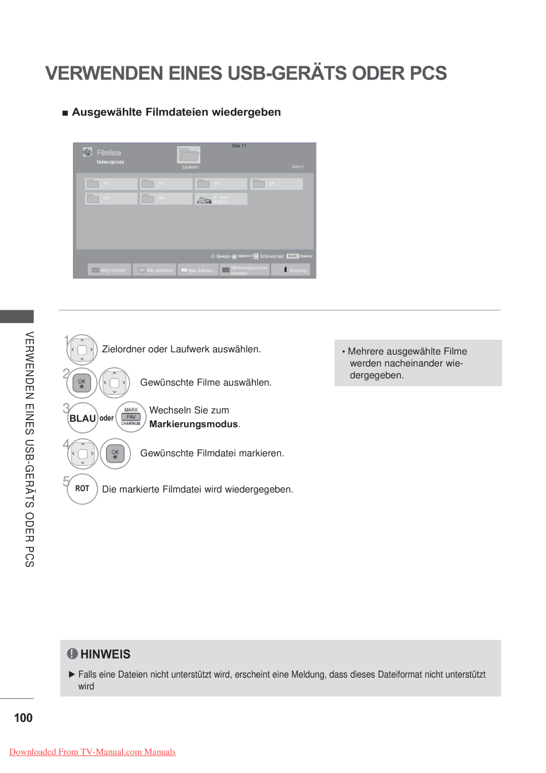 LG Electronics AW-50PG60MS, AW-60PG60MS manual 100, Ausgewählte Filmdateien wiedergeben, Blau oder, Markierungsmodus 