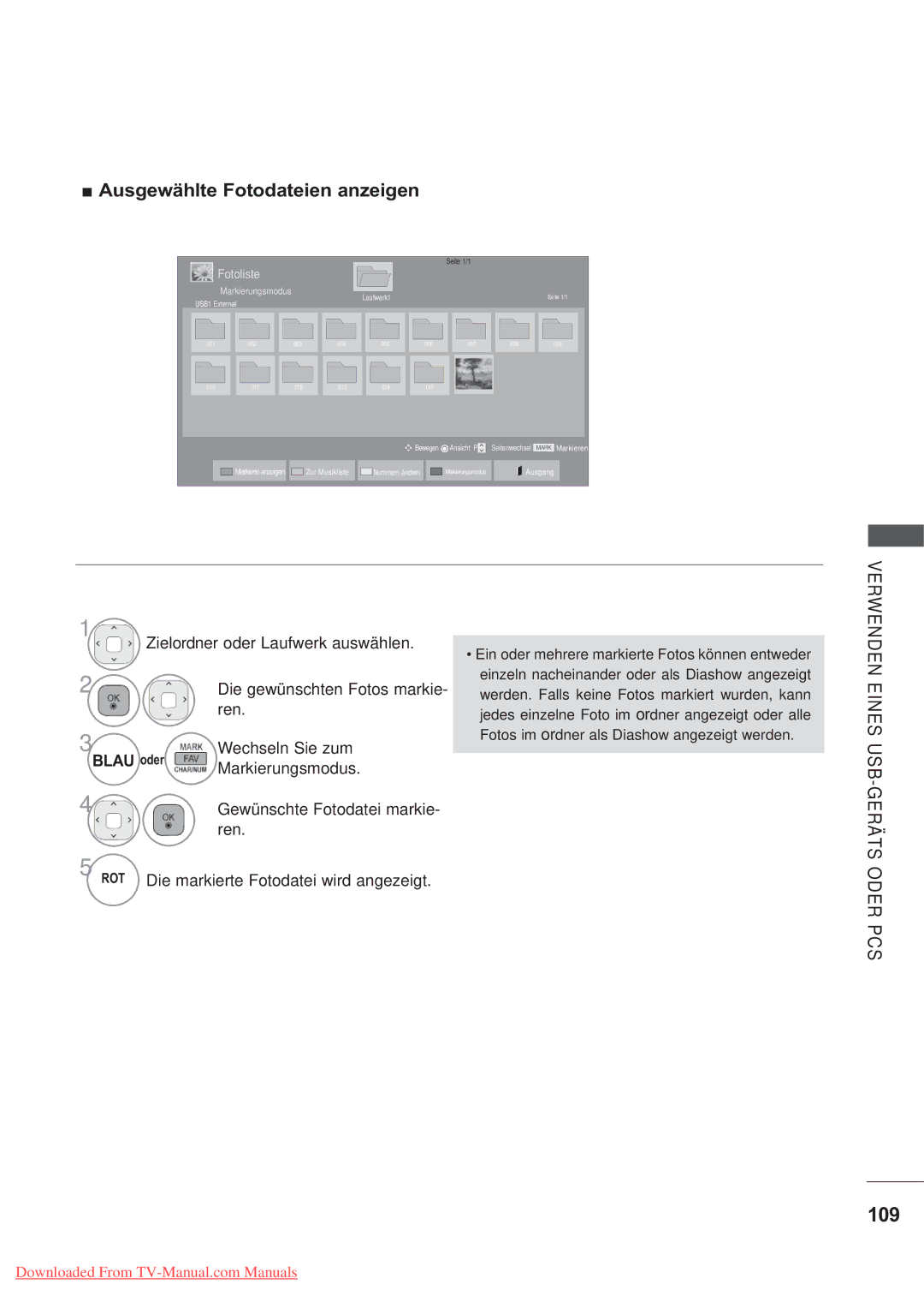 LG Electronics AW-60PG60MS manual 109, Ausgewählte Fotodateien anzeigen, Markierungsmodus, Gewünschte Fotodatei markie 