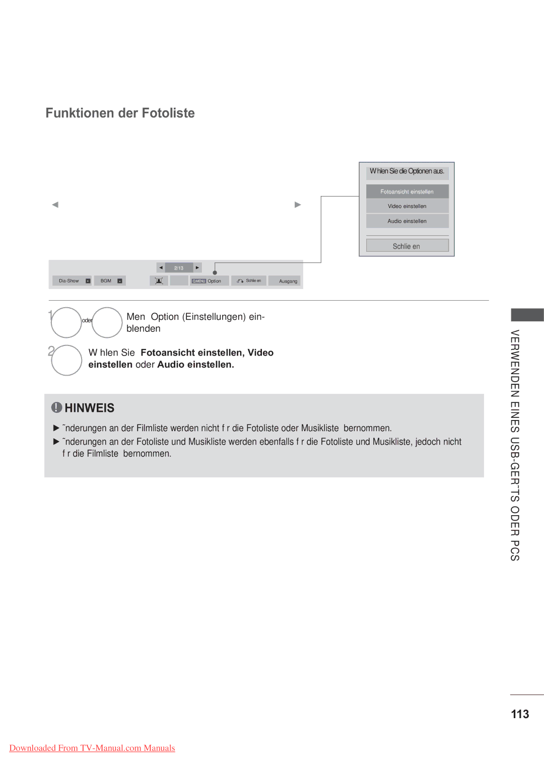 LG Electronics AW-60PG60MS, AW-50PG60MS manual Funktionen der Fotoliste, 113, Fotoansicht einstellen 