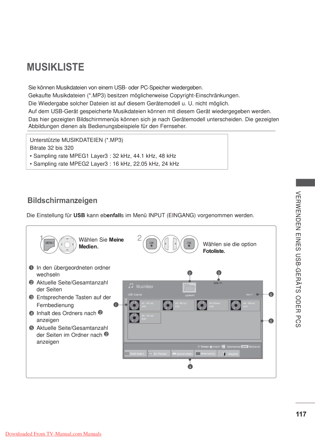 LG Electronics AW-60PG60MS, AW-50PG60MS manual Musikliste, 117, Verwenden Eines USB 