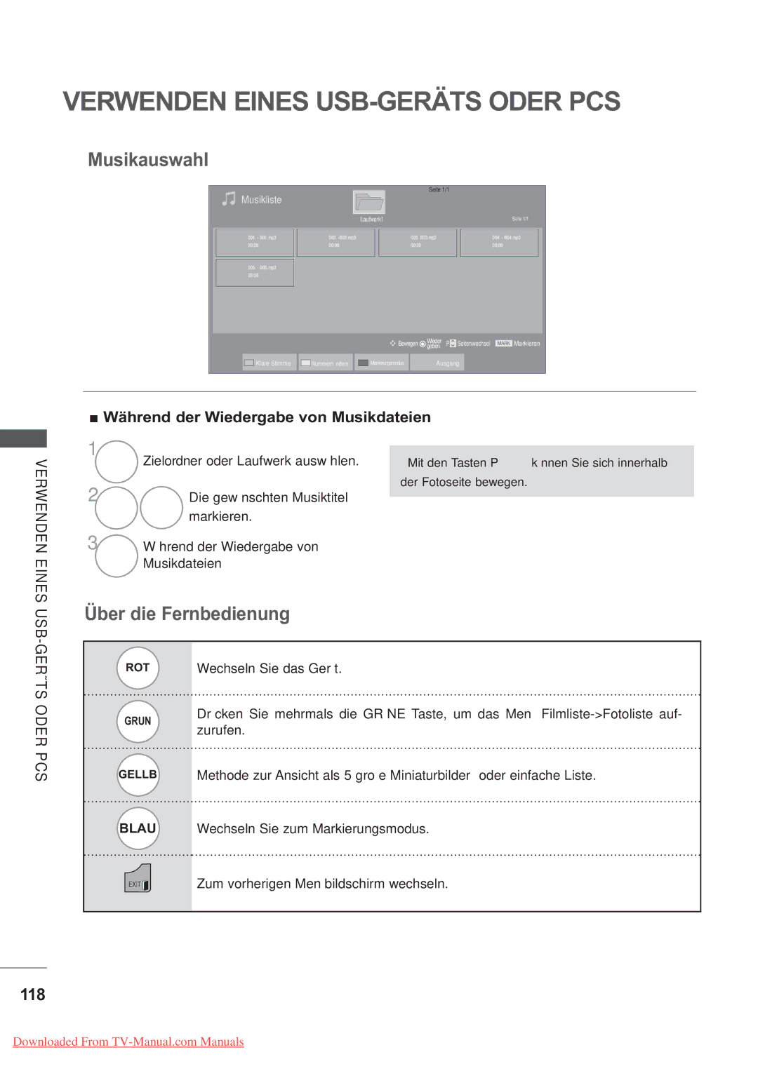 LG Electronics AW-60PG60M Musikauswahl, 118, Während der Wiedergabe von Musikdateien, Verwenden Eines USB-GERÄTS, Oder 