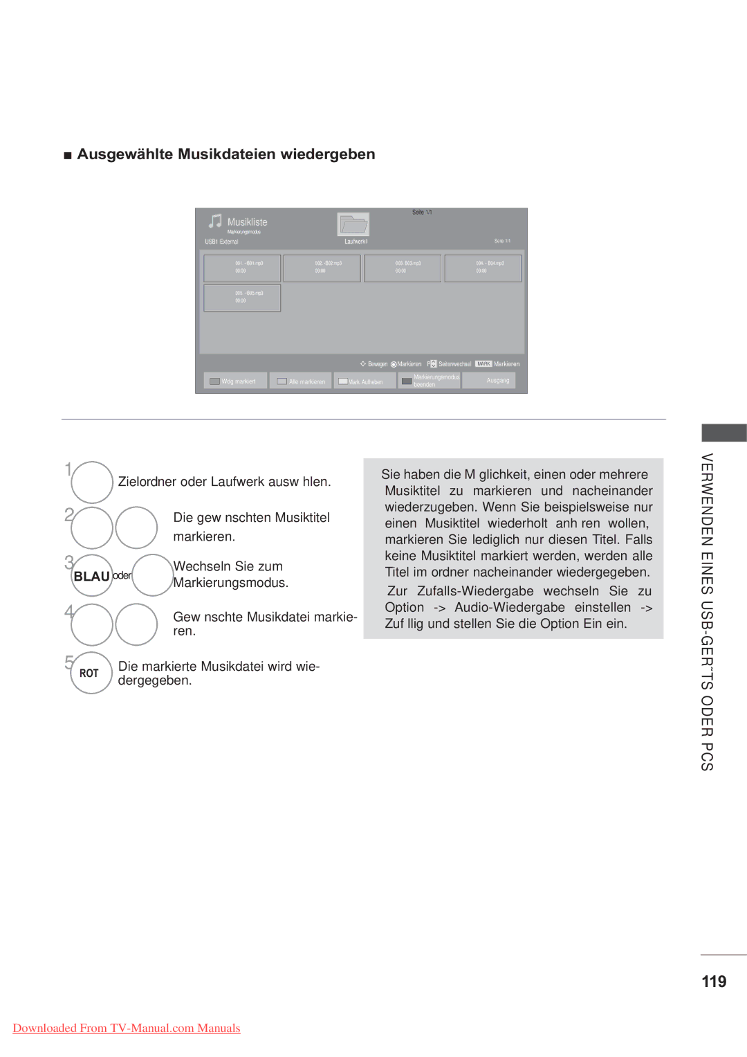 LG Electronics AW-60PG60M, AW-50PG60MS manual 119, Ausgewählte Musikdateien wiedergeben, Gewünschte Musikdatei markie 