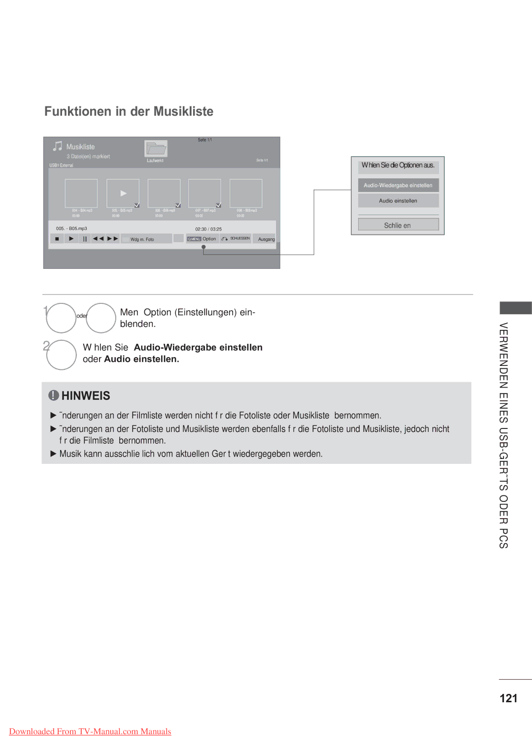 LG Electronics AW-60PG60MS, AW-50PG60MS manual Funktionen in der Musikliste, 121, Audio-Wiedergabe einstellen 